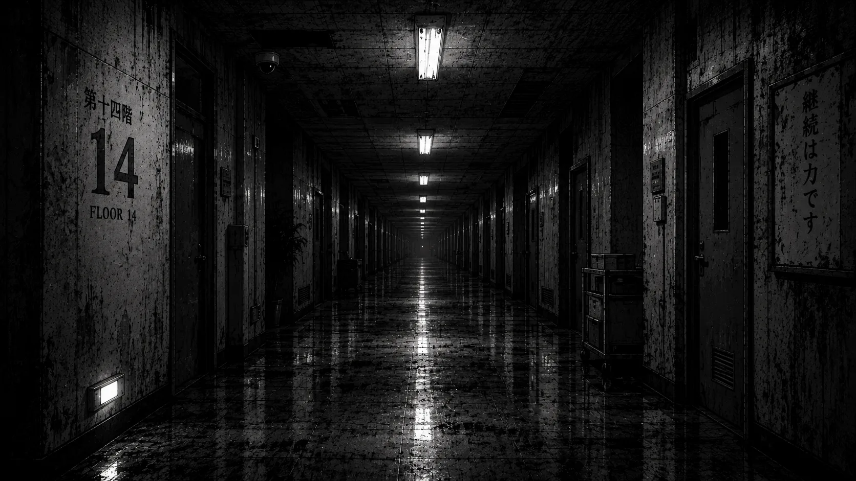 The cold black-and-white corridor on Floor 14.