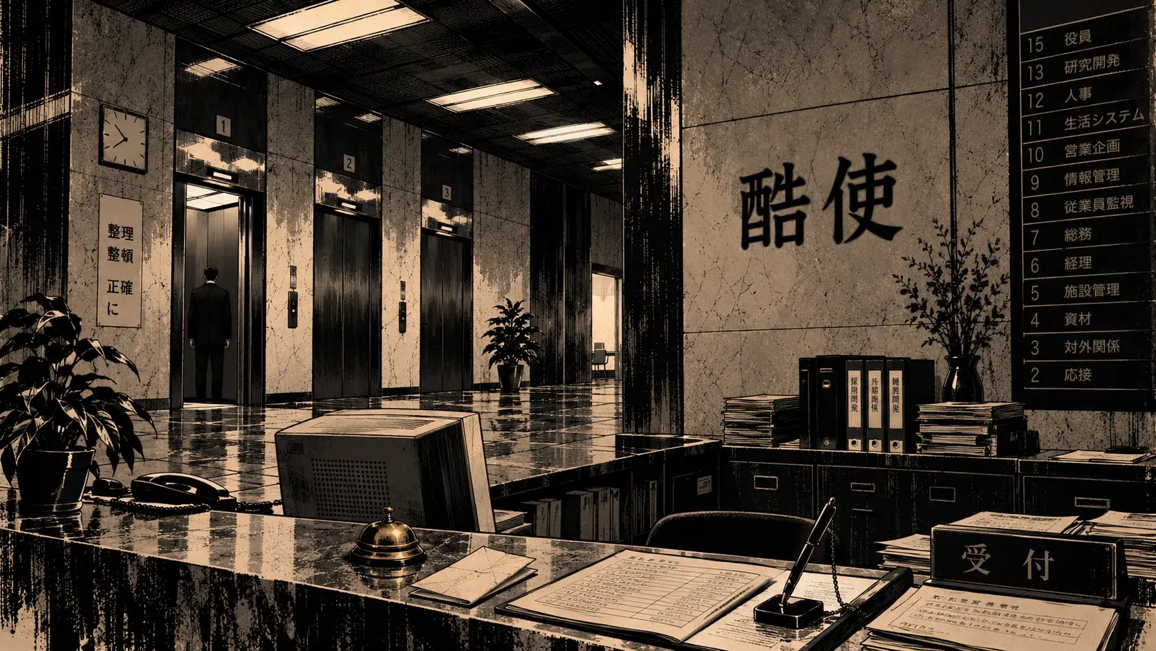The reception hall of Kokushi Corporation headquarters, in manga style.