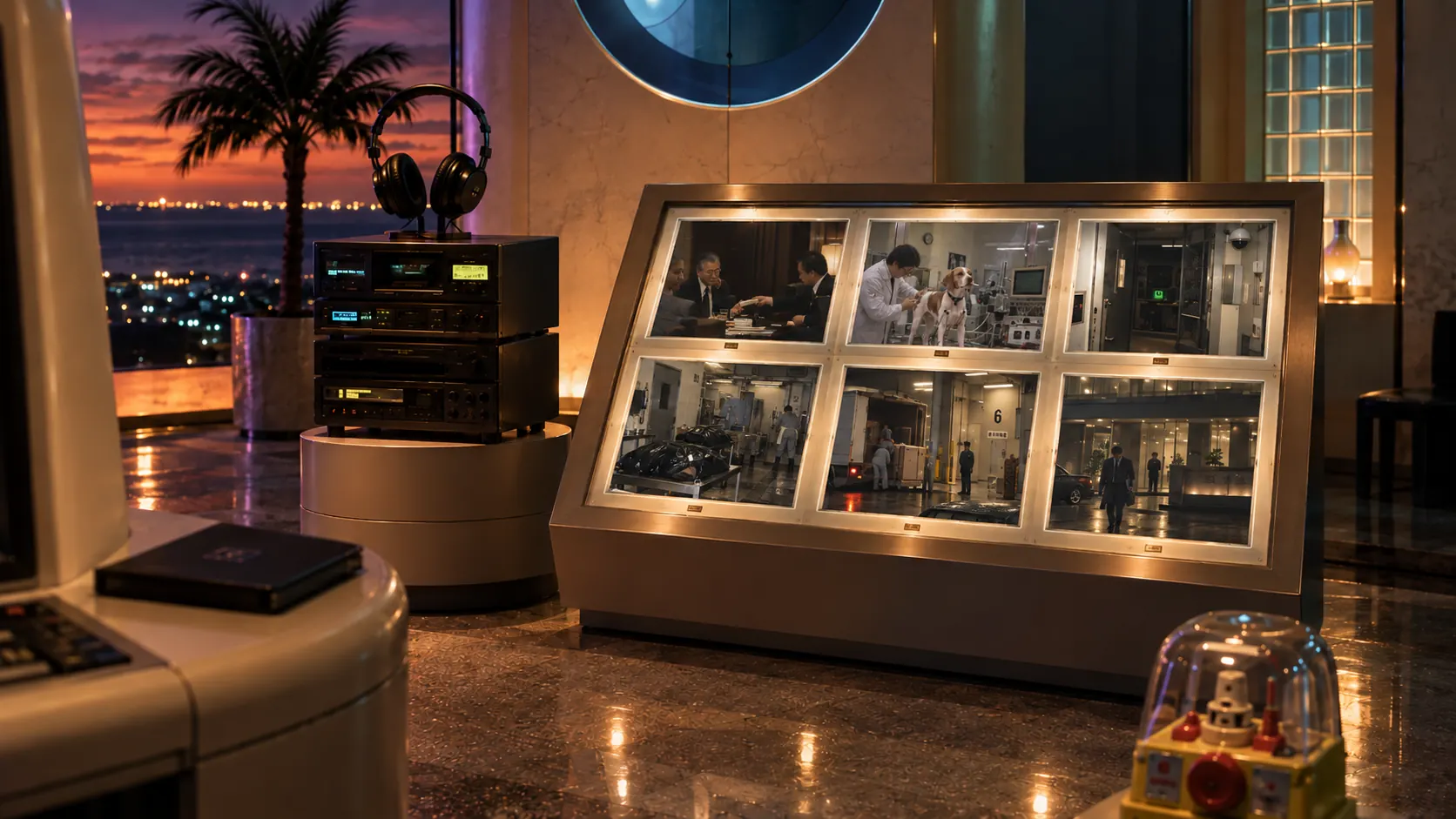 Close-up of a lit evidence display holding six photographs beside a stereo system.
