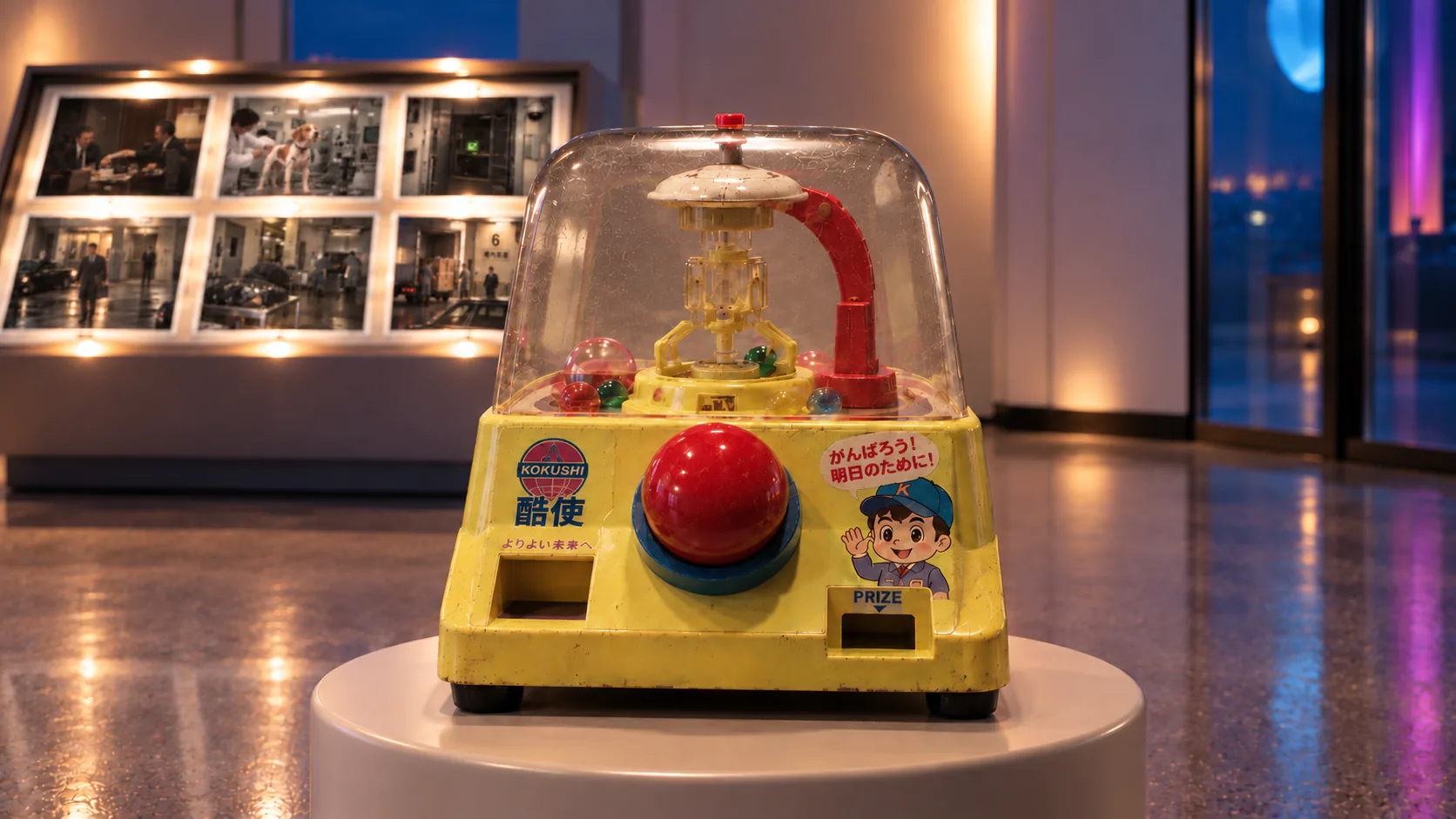 Front of a vintage Kokushi employee prize machine on a display plinth.